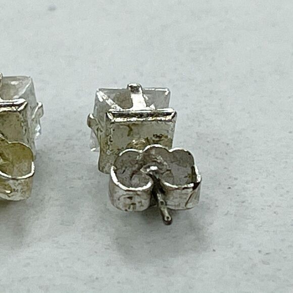 SHA Signed Silver Tone Clear Square Rhinestone Earrings Pierced Pair - Picture 8 of 9